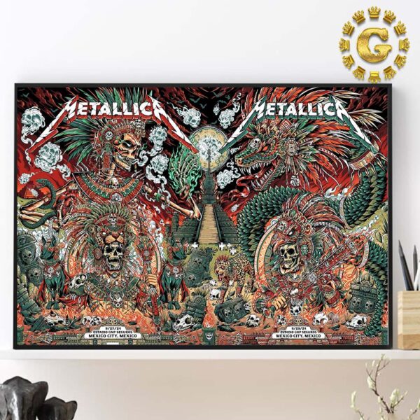 Metallica M72 CDMX Mexico City Full Show Combined Poster For Estadio GNP Seguros On September 27 And 29 2024 Met On Tour Aztec Warrior Artwork By Juan Ma Orozco Home Decor Poster Canvas