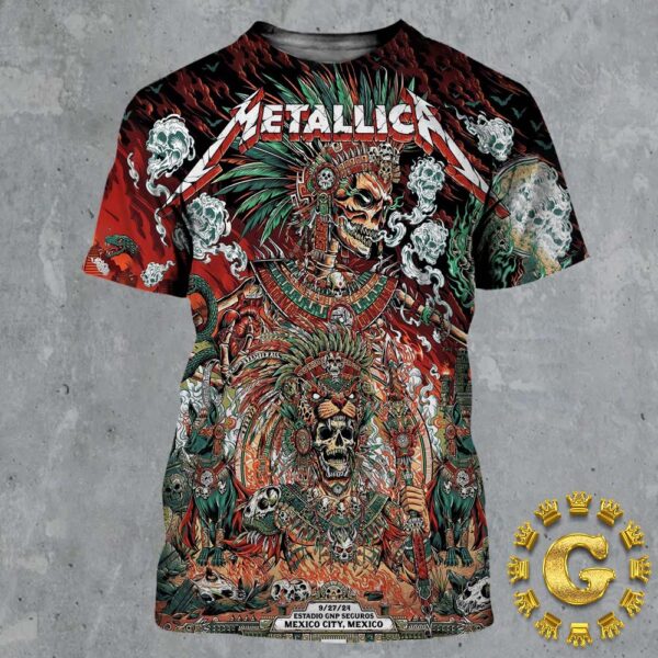 Metallica M72 CDMX Mexico City Night 3 Poster For Estadio GNP Seguros On September 27 2024 Met On Tour Aztec Warrior Artwork By Juan Ma Orozco All Over Print Shirt