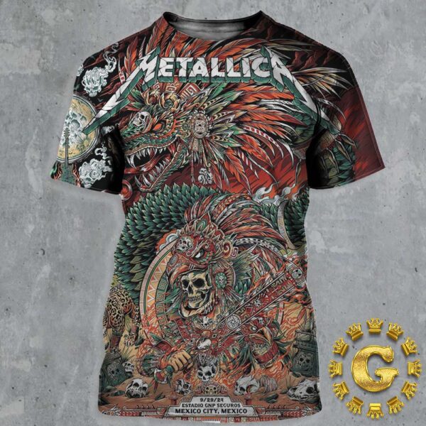 Metallica M72 CDMX Mexico City Night 4 Poster For Estadio GNP Seguros On September 29 2024 Met On Tour Aztec Warrior The Dragon Artwork All Over Print Shirt