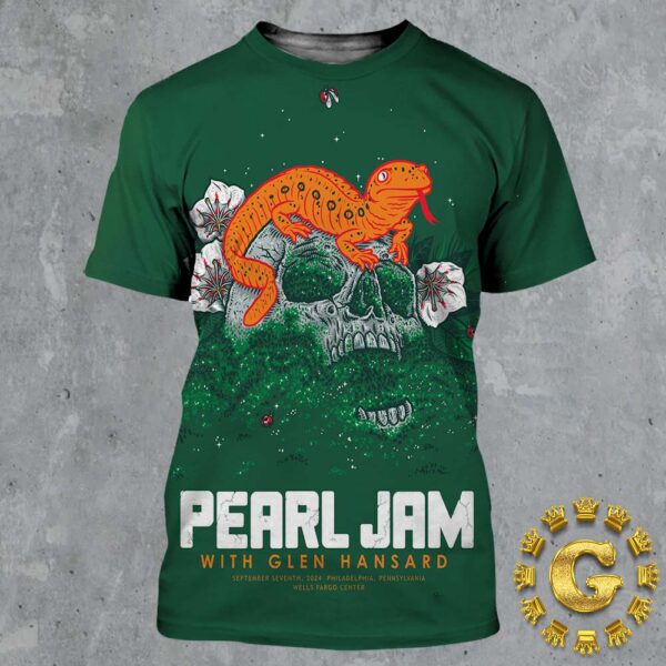 Pearl Jam With Glen Hansard Event Poster In Philadelphia At Pennsylvania Wells Fargo Center On September 7th 2024 The Gecko Artwork All Over Print Shirt