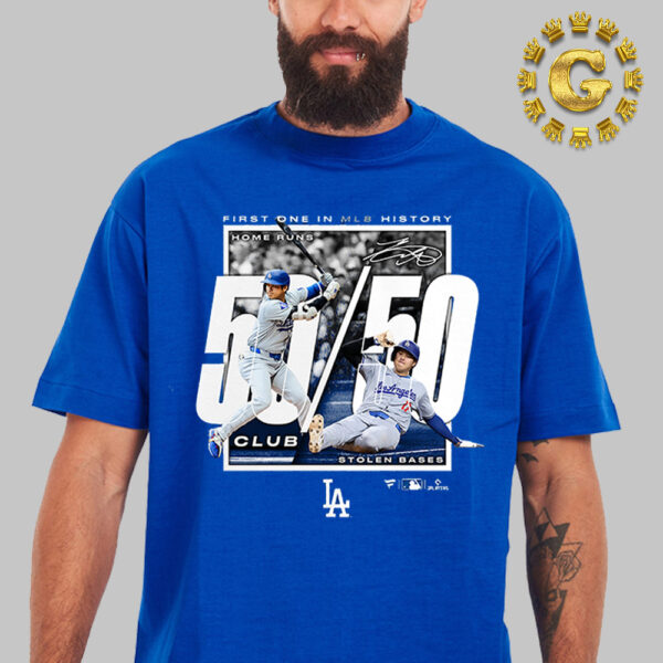 Shohei Ohtani From Los Angeles Dodgers Fanatics Heather Royal 50HR 50SB Club Unisex T-Shirt