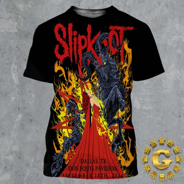 Slipknot Merch 2024 Tour Dallas Featuring City Specific At Dos EQuis Pavilion On Dallas TX On September 18th 2024 On Front And A 25th Anniversary Tribal S Logo On Back All Over Print Shirt