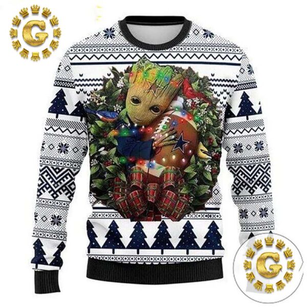 Dallas Cowboys Groot Hug NFL White Christmas Sweater – Cowboys Pattern Classic Gift For Fans Christmas Ugly Sweater