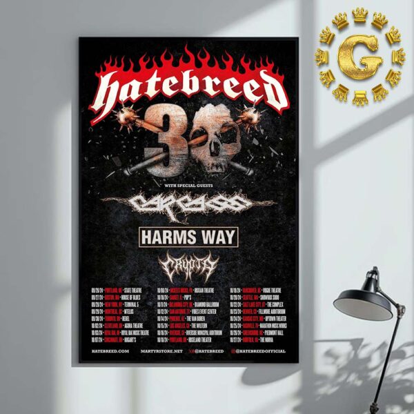 Hatebreed Band The 30th Anniversary With Special Guests Carcass And Caspian Dates List Tour 2024 Home Decor Poster Canvas