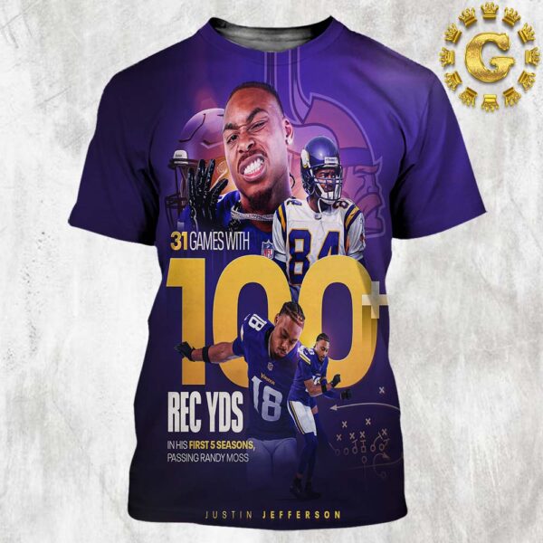 Justin Jefferson From Minnesota Viking 31 Games With 100 Rec Yds NFL 2024 All Over Print Shirt