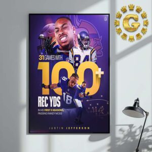 Justin Jefferson From Minnesota Viking 31 Games With 100 Rec Yds NFL 2024 Home Decor Poster Canvas