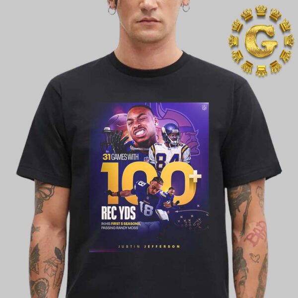 Justin Jefferson From Minnesota Viking 31 Games With 100 Rec Yds NFL 2024 Unisex T-Shirt