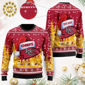 Kansas City Chiefs Custom Name Santa Hat Panttern Classic Knitted White Christmas Ugly Sweater