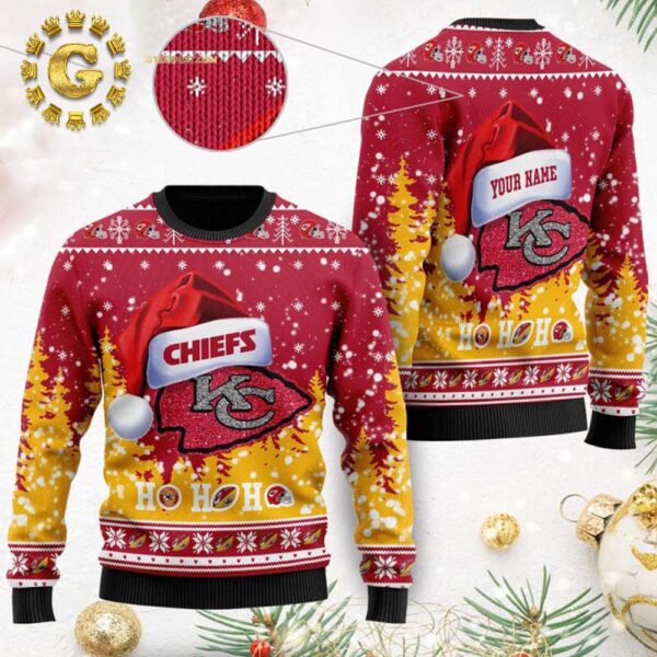 Kansas City Chiefs Custom Name Santa Hat Panttern Classic Knitted White Christmas Ugly Sweater