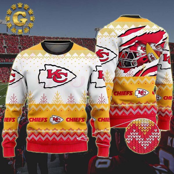 Kansas City Chiefs Football Helmet Yellow Ugly Christmas Sweater Gift For Holiday