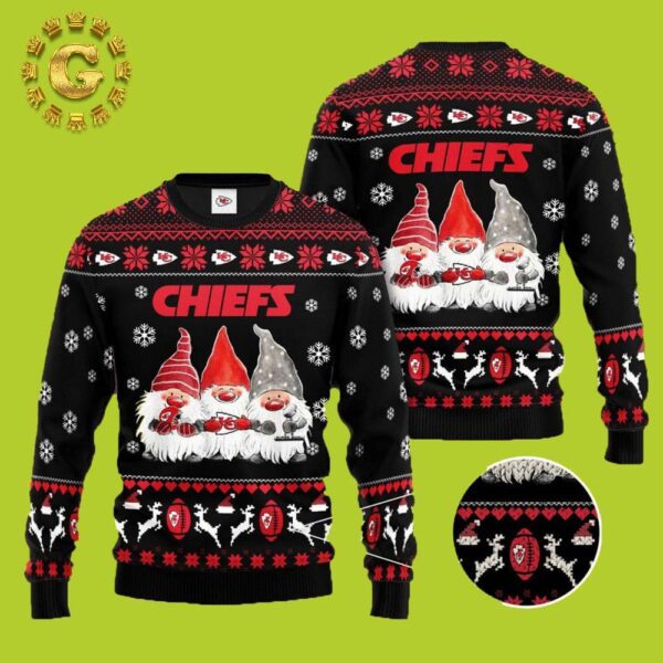 Kansas City Chiefs Gnome Christmas Black Pattern Classic Gift For Fans Christmas Ugly Sweater