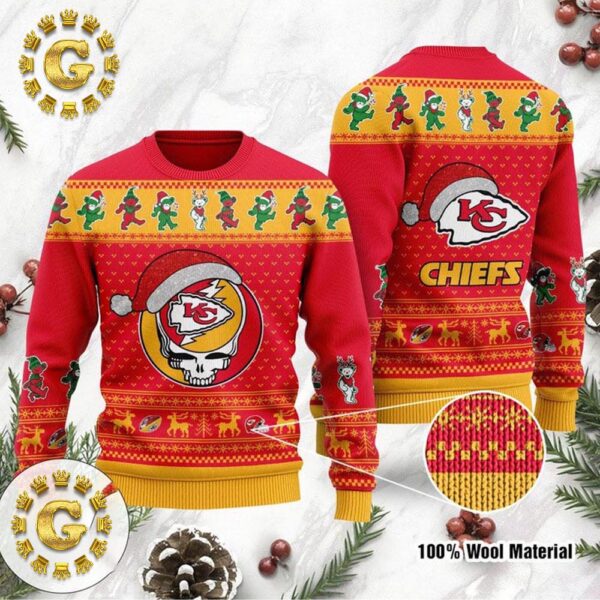 Kansas City Chiefs Grateful Dead Skull And Bears Panttern Classic Knitted White Christmas Ugly Sweater