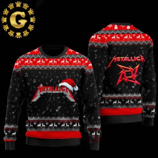 Metallica Logo With Santa Hat Reindeer Black And Red Panttern Classic Knitted White Christmas Ugly Sweater