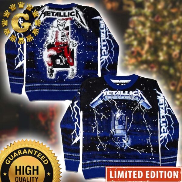 Metallica Ride The Lightning Skeleton Santa Panttern Classic Knitted White Christmas Ugly Sweater