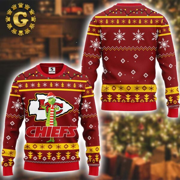 NFL Kansas City Chiefs Funny Grinch Christmas Panttern Classic Knitted White Christmas Ugly Sweater