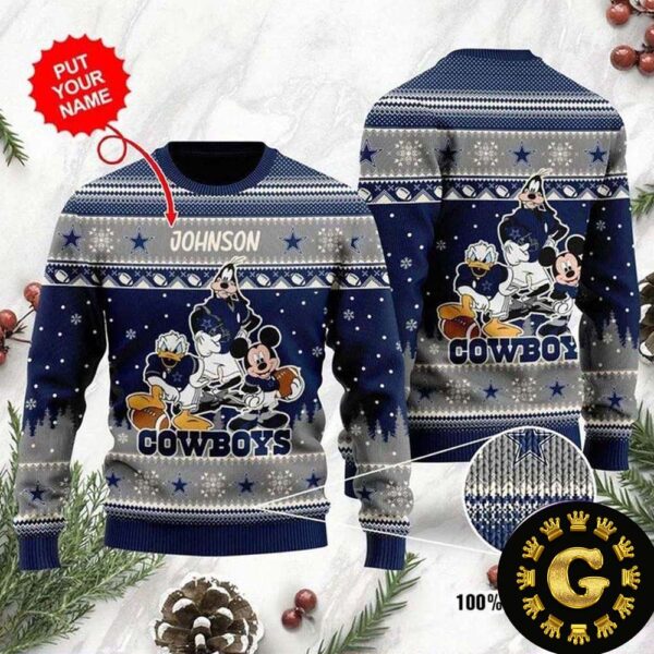 Personalized Dallas Cowboys Disney Donald Duck Mickey Mouse Goofy Ugly Christmas Sweater Gift For Holiday