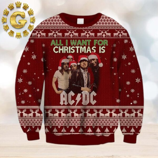 ACDC All I Want For Christmas Is ACDC With Snowflakes And Reindeer Pattern Classic Gift For Fans Christmas Ugly Sweater