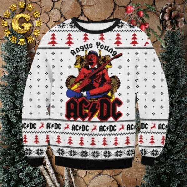 ACDC Angus Young In Throne With Snowflakes 2024 Ugly Christmas Sweater