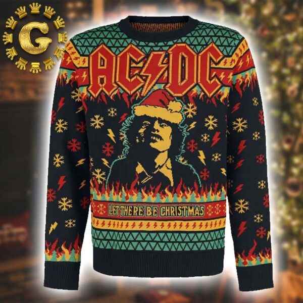 ACDC Angus Young Let There Be Christmas Thunder And Snowflakes Ugly Christmas Sweater Gift For Holiday