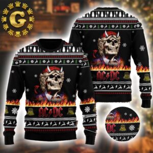 ACDC Angus Young Skeleton Holiday Style In Flame Pattern Classic Gift For Fans Christmas Ugly Sweater