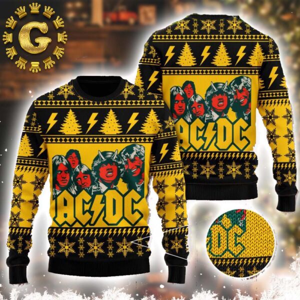 ACDC Band Funny Graphics Snowflakes And Thunder Pattern Knitted Yellow Pattern Classic Gift For Fans Christmas Ugly Sweater