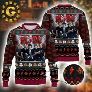 ACDC Band Members Photo Snowflakes And Thunder Logo 2024 Ugly Christmas Sweater