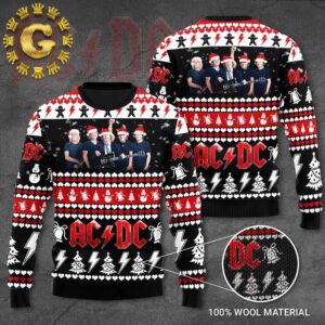 ACDC Band Members Photo With Santa Hats Ugly Christmas Sweater Gift For Holiday