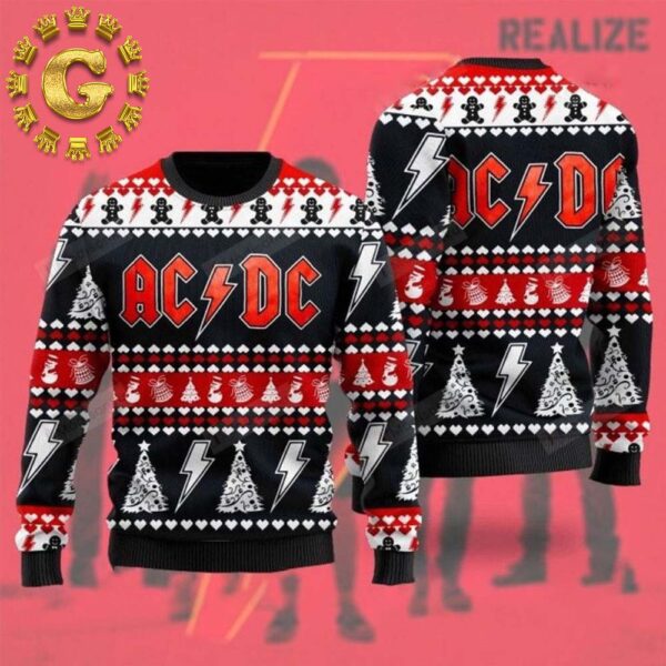 ACDC Band Signature Logo With Thunder Panttern Classic Knitted White Christmas Ugly Sweater