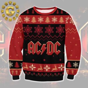 ACDC Classic Logo With Snowflakes And Reindeer Pattern Knitted Black And Red Ugly Christmas Sweater Gift For Holiday