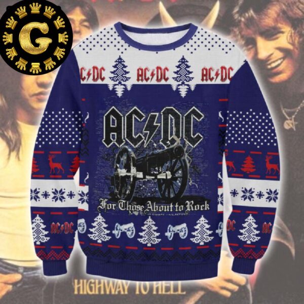 ACDC For Those About To Rock Signature Cannon Knitted Purple Panttern Classic Knitted White Christmas Ugly Sweater