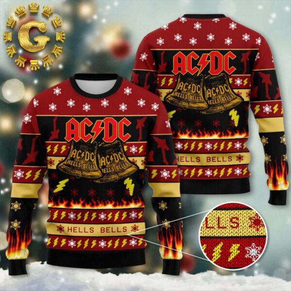 ACDC Hells Bells Flames Graphics Thunder Pattern Knitted 2024 Pattern Ugly Christmas Sweater