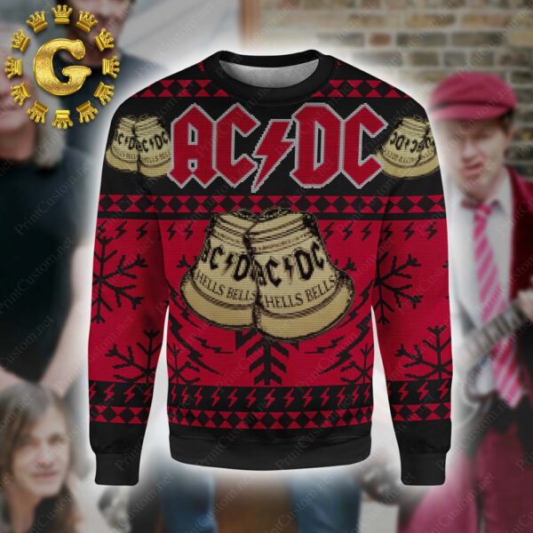 ACDC Hells Bells Signature Symbol With Snowflakes Pattern Black And Red Pattern Classic Gift For Fans Christmas Ugly Sweater