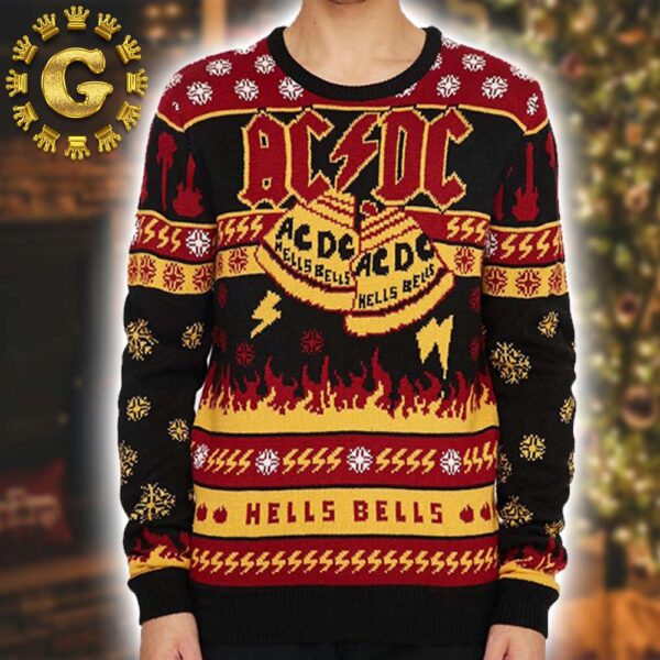 ACDC Hells Bells With Band Iconic Logo And Symbols Official Knitted Ugly Christmas Sweater Gift For Holiday