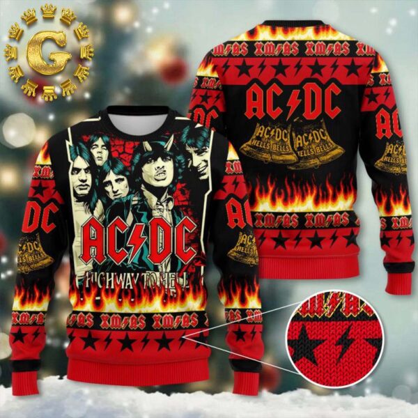 ACDC High Way To Hell Xmas Pattern Knitted Black And Red Pattern Ugly Christmas Sweater