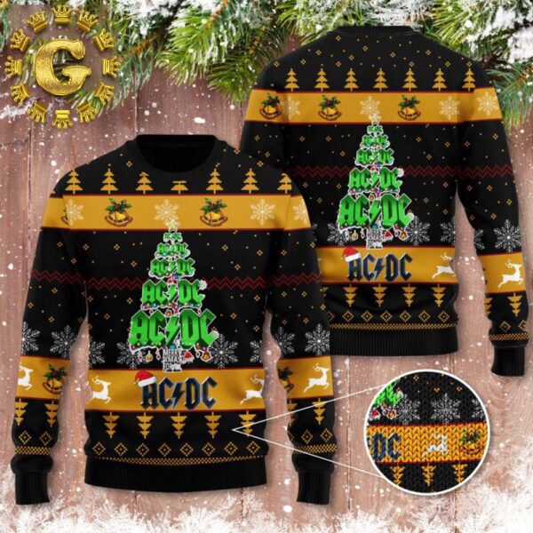 ACDC Signature Logo Christmas Tree Black And Gold Knitted Ugly Christmas Sweater Gift For Holiday