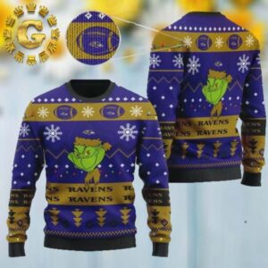 Baltimore Ravens American NFL Football Team Logo Cute Grinch 3D Panttern Classic Knitted White Christmas Ugly Sweater