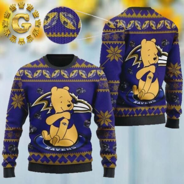 Baltimore Ravens NFL American Football Team Logo Cute Winnie The Pooh Bear Xmas 2024 Holiday Gift Ugly Christmas Sweater