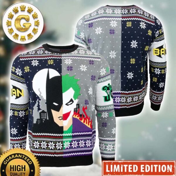 Batman And Joker Two Sides Splitted Xmas Holiday Gift For Friends And Couple Pattern Ugly Christmas Sweater