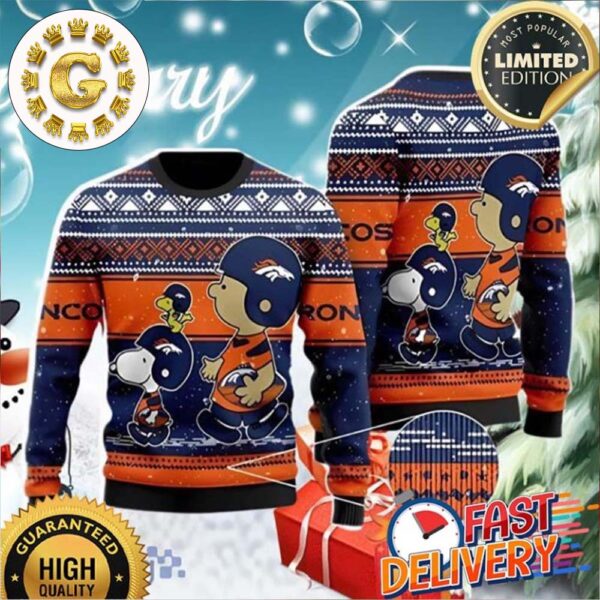 Charlie Brown And Snoopy Denver Broncos Panttern Classic Knitted White Christmas Ugly Sweater