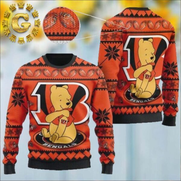 Cincinnati Bengals NFL American Football Team Logo Cute Winnie The Pooh Bear Pattern Ugly Christmas Sweater