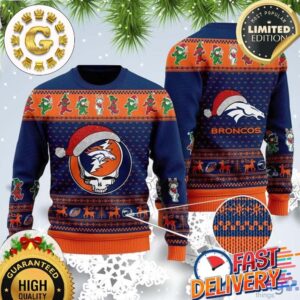 Denver Broncos Grateful Dead SKull And Bears Santa Hat Xmas 2024 Holiday Gift Ugly Christmas Sweater