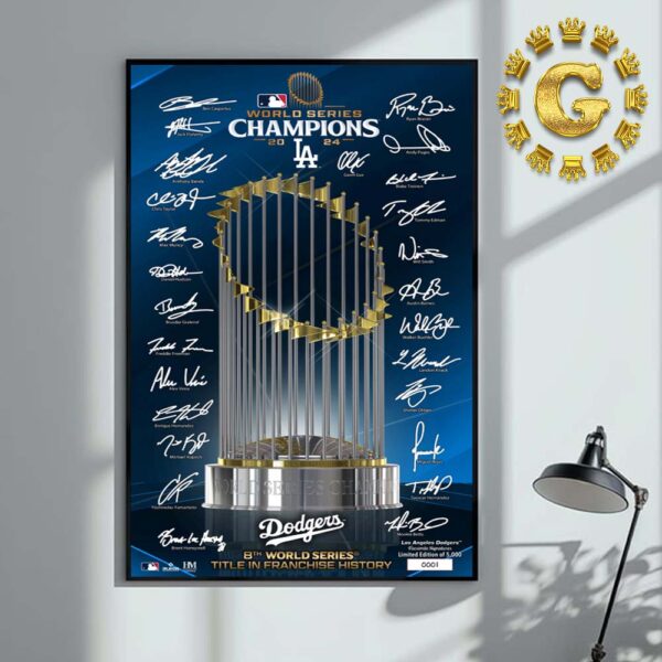 Los Angeles Dodgers 2024 World Series Champions Trophy Signature MLB Home Decor Poster Canvas