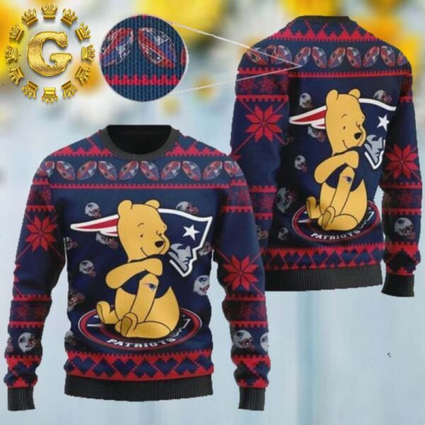 New England Patriots NFL American Football Team Logo Cute Winnie The Pooh Bear Xmas 2024 Holiday Gift Ugly Christmas Sweater