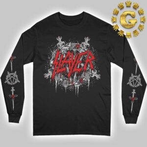 Slayer Skull Wreath Long Sleeve Holiday Wreath On The Front And Pentagrams With Swords Through Them On Printed On Both Sleeves Long Sleeve Shirt