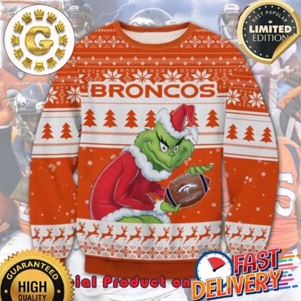 The Grinch x Denver Broncos NFL Santa Hat Ugly Christmas Sweater For Holiday