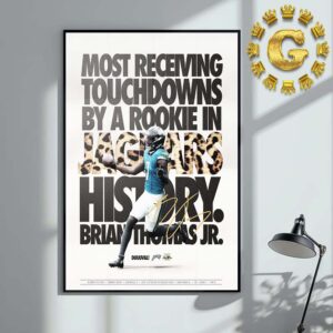 Brian Thomas Jr From Jacksonville Jaguars Most Recemng Touchdowns By A Rookie In Jaguars History NFL Home Decor Poster Canvas